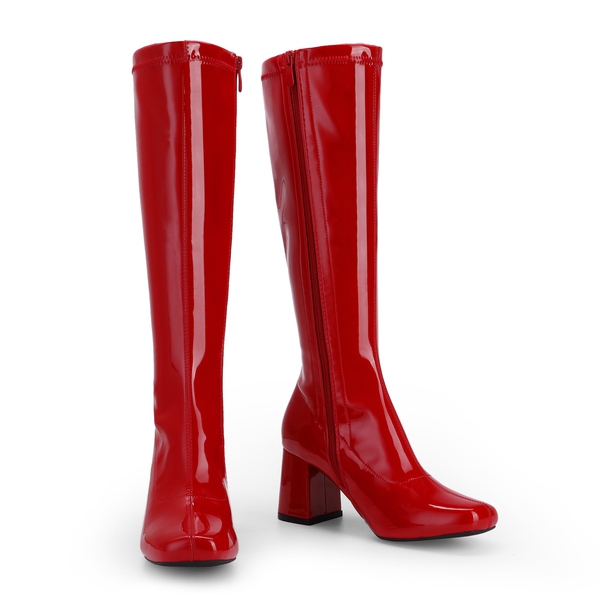 Desire Square Toe Chunky Knee High Gogo Boots - RED PATENT PU - 3